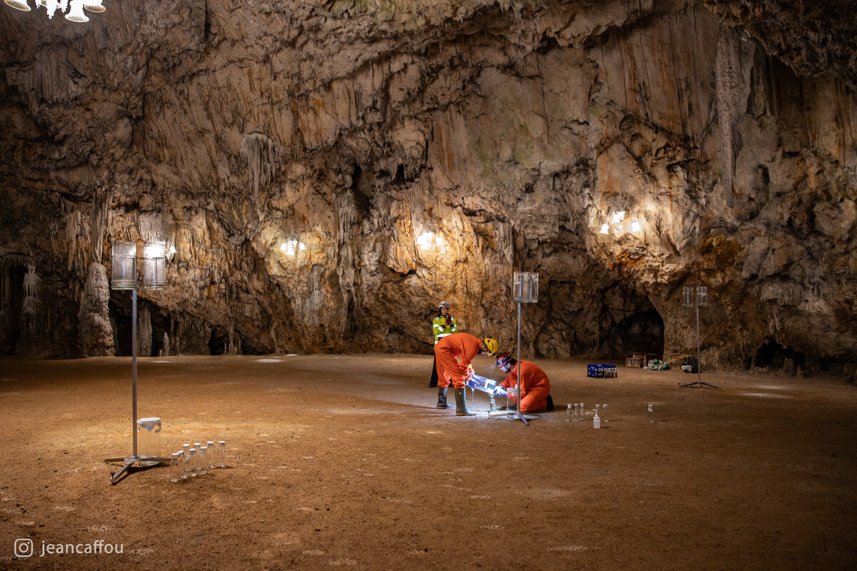 A wide view of Plesna dvorana shows the sampling stands spaced across the hall while Blaž and Raffaele work beside their equipment.