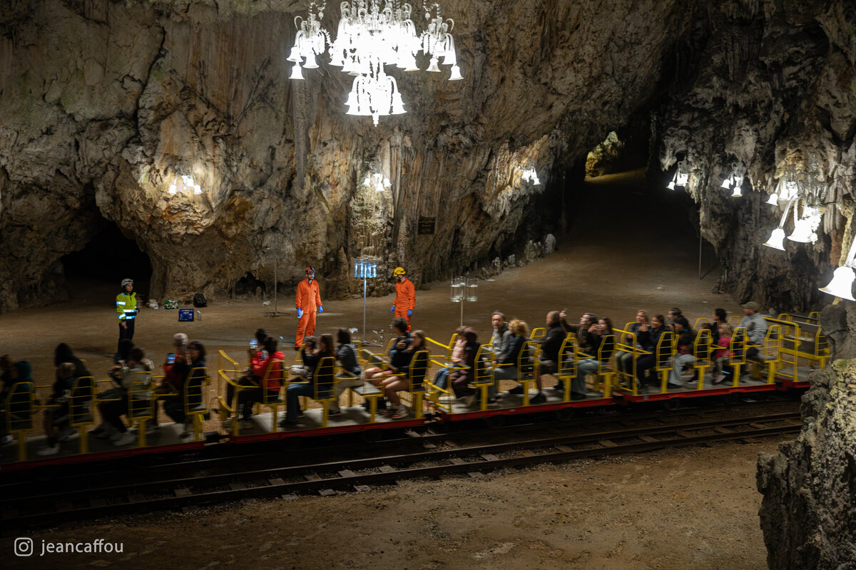 Visitors ride past the sampling equipment beneath the chandelier in Plesna dvorana, with Blaž and Raffaele standing beyond the carriages.