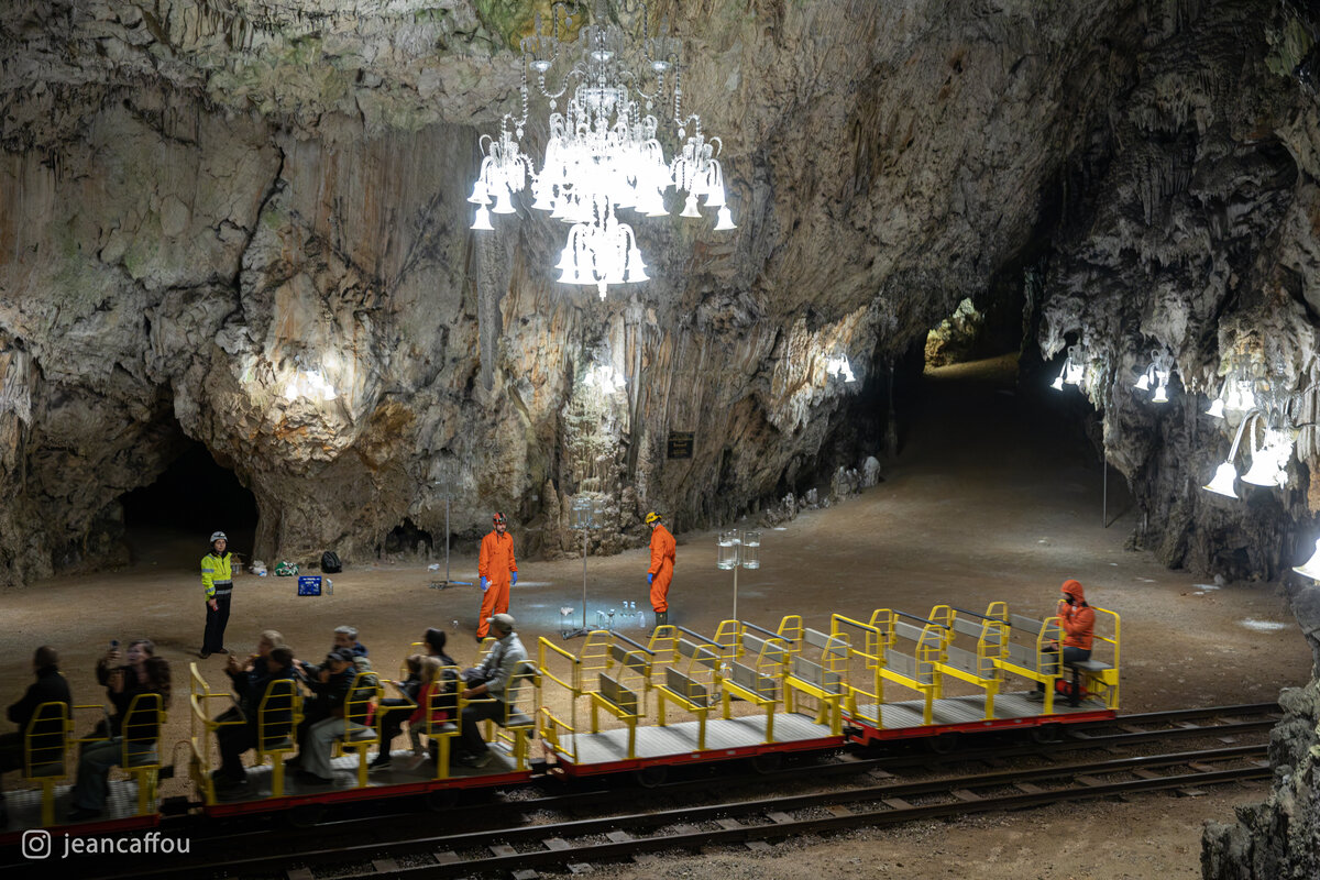 The cave train curves across the foreground beneath the bright chandelier, passing the researchers and collectors in Plesna dvorana.