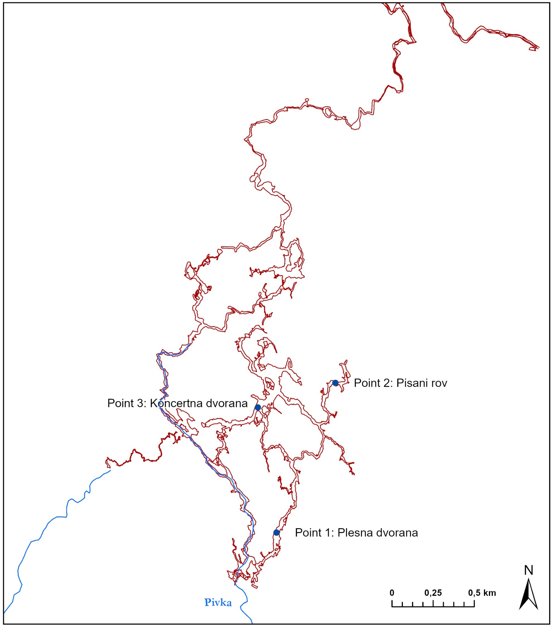 Map of Postojna Cave marking the three monitoring sectors: Plesna dvorana, Pisani rov and Koncertna dvorana, with the Pivka River shown in blue.